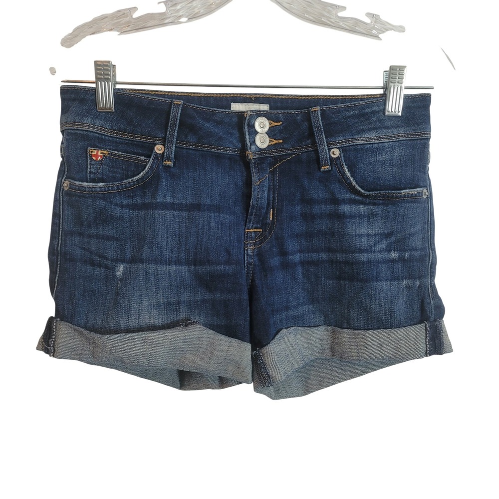 Hudson Croxley Mid Thigh Denim Shorts Dark Wash Cuffed Flap Pocket Size 25 Women